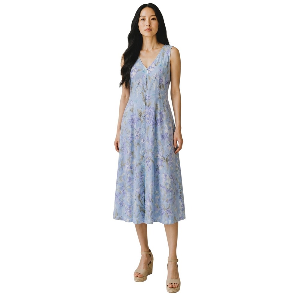 Vintage Expressions Sleeveless Linen Blend Midi Dress Womens Size 14 Blue Floral